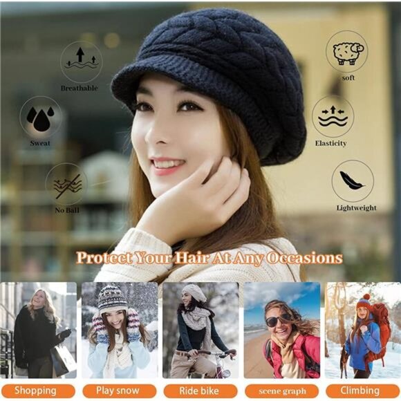 Women\'s 2 Piece Fleece Lined Snow Ski Caps Slouchy Winter Hat with Visor,